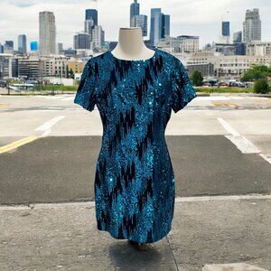City Vibe Sequin Short-Sleeve Mini Dress Blue/Black Sz 15 Glam Flirty Chic Party